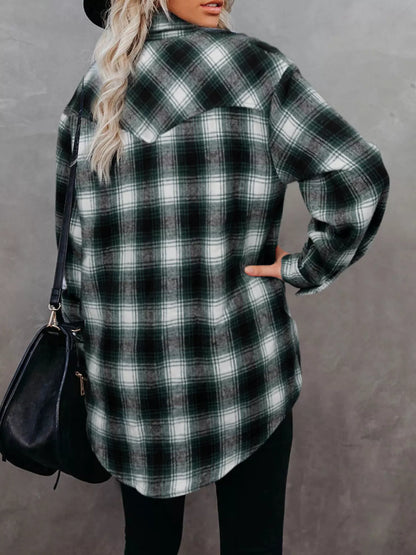 Full Size Plaid Button-Up Long Sleeve Shirt Plus Size back view — Livostyle