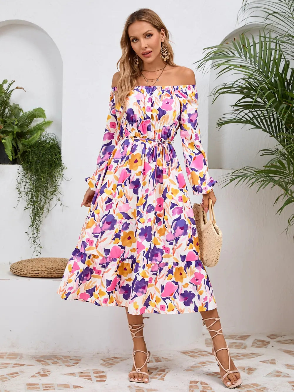 Printed Long Sleeve Midi Dress with Tie Detail in Lavender