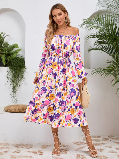 Printed Long Sleeve Midi Dress with Tie Detail in Lavender