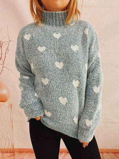 Heart Heathered Turtleneck Drop Shoulder Sweater — Livostyle