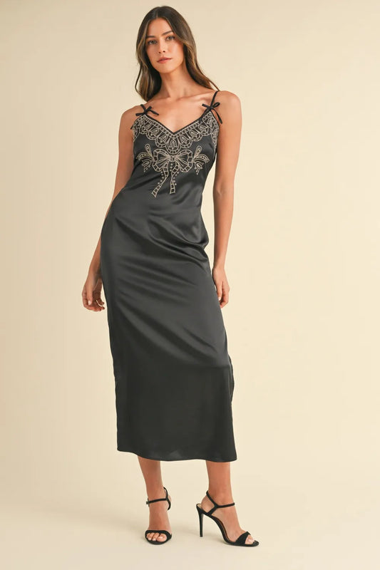 Embroidered Cami Satin Midi Dress with Slit in Black
