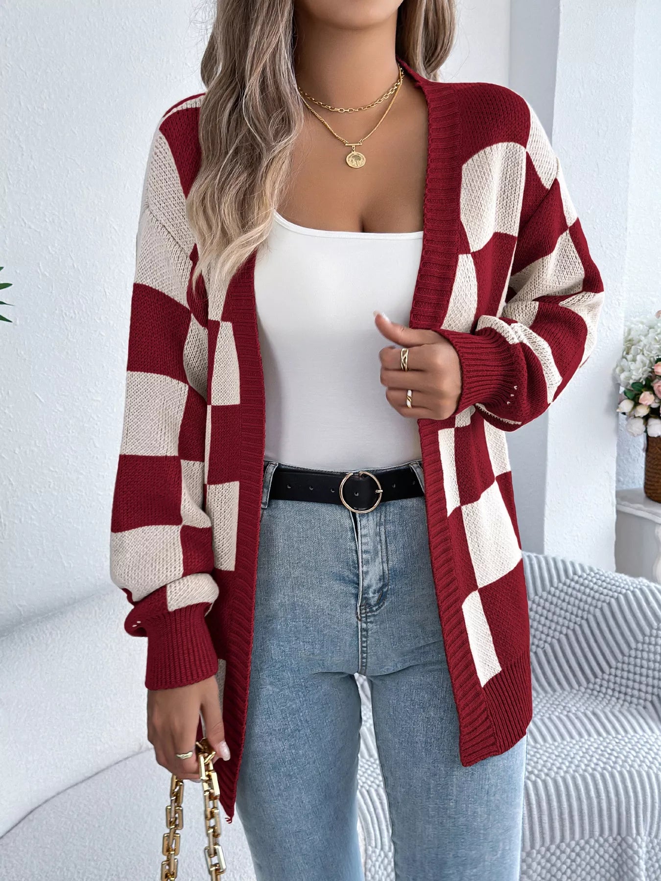 Checkered Pattern Open Front Cardigan back view — Livostyle