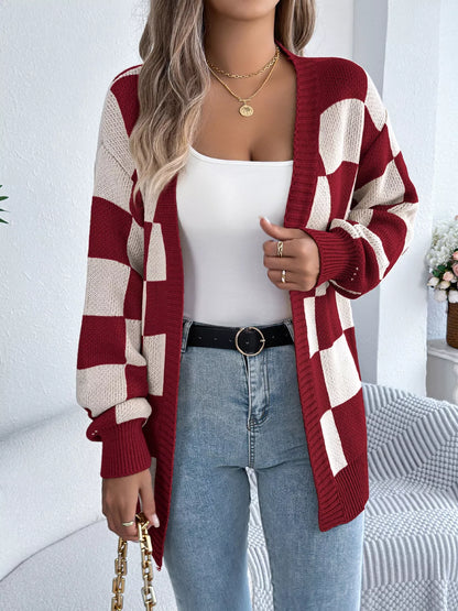 Checkered Pattern Open Front Cardigan back view — Livostyle