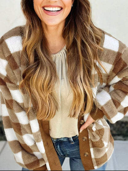 Checkered Sherpa Loose Knit Cardigan with Pockets back view — Livostyle