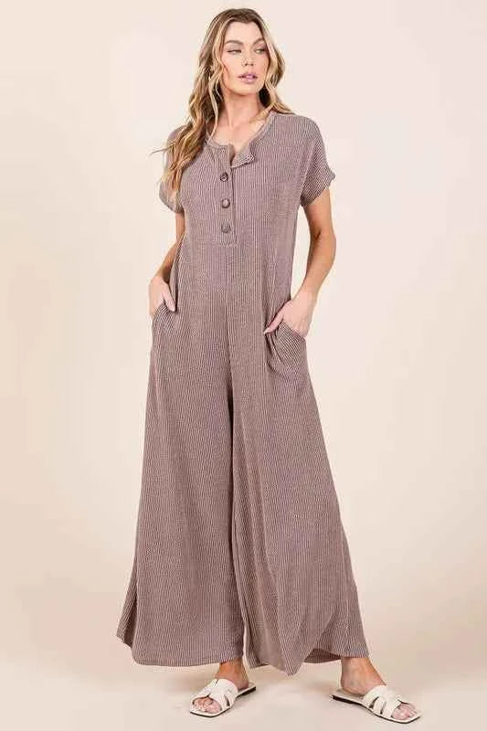 BOMBOM Rib Knit Jumpsuit with Button Detail