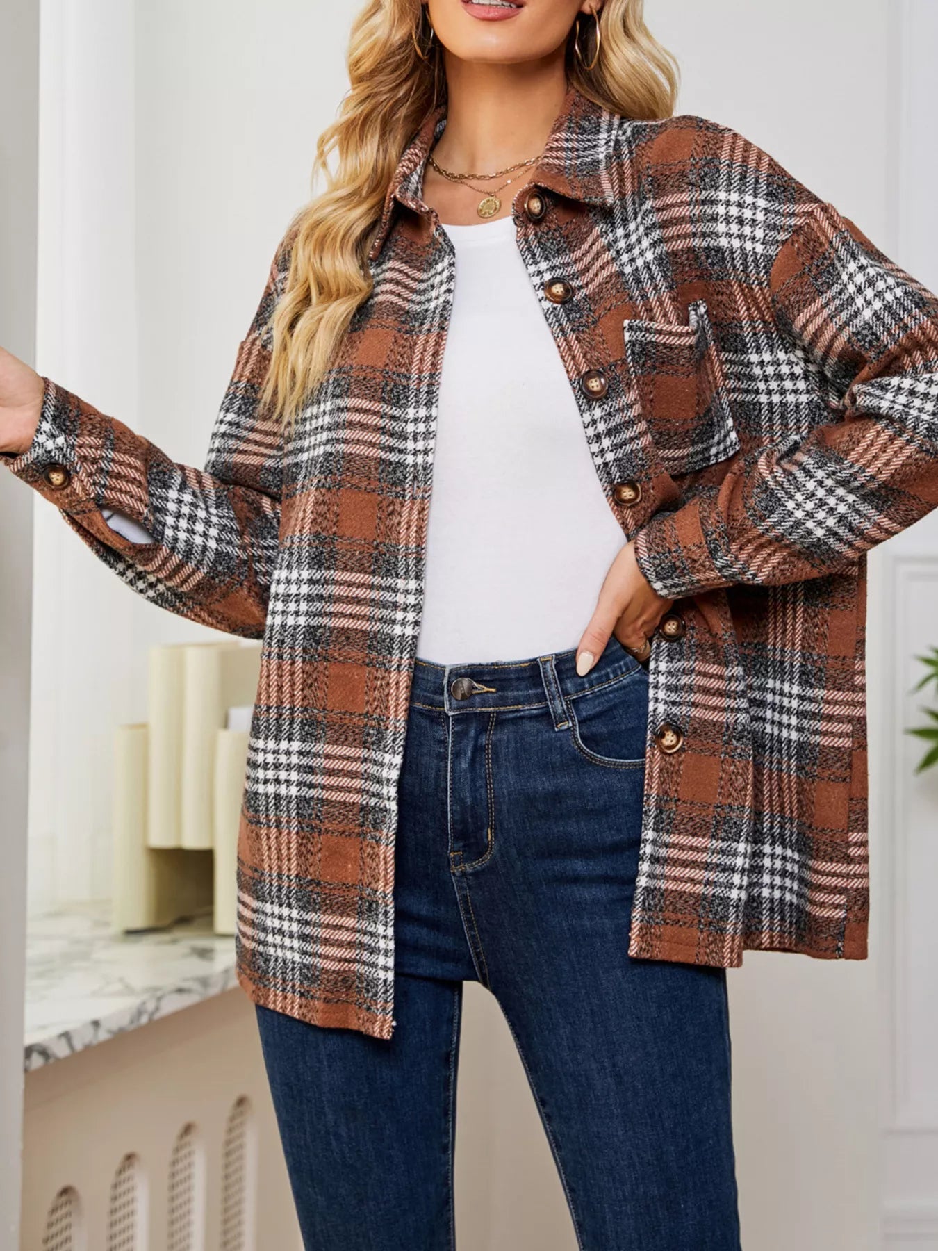 Plaid Button Up Long Sleeve Shacket styling — Livostyle