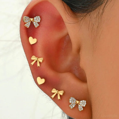 6 Piece Bow Heart Stud Earrings Set — square view — Livostyle