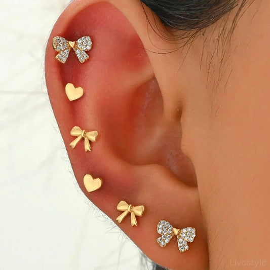 6 Piece Bow Heart Stud Earrings Set — square view — Livostyle