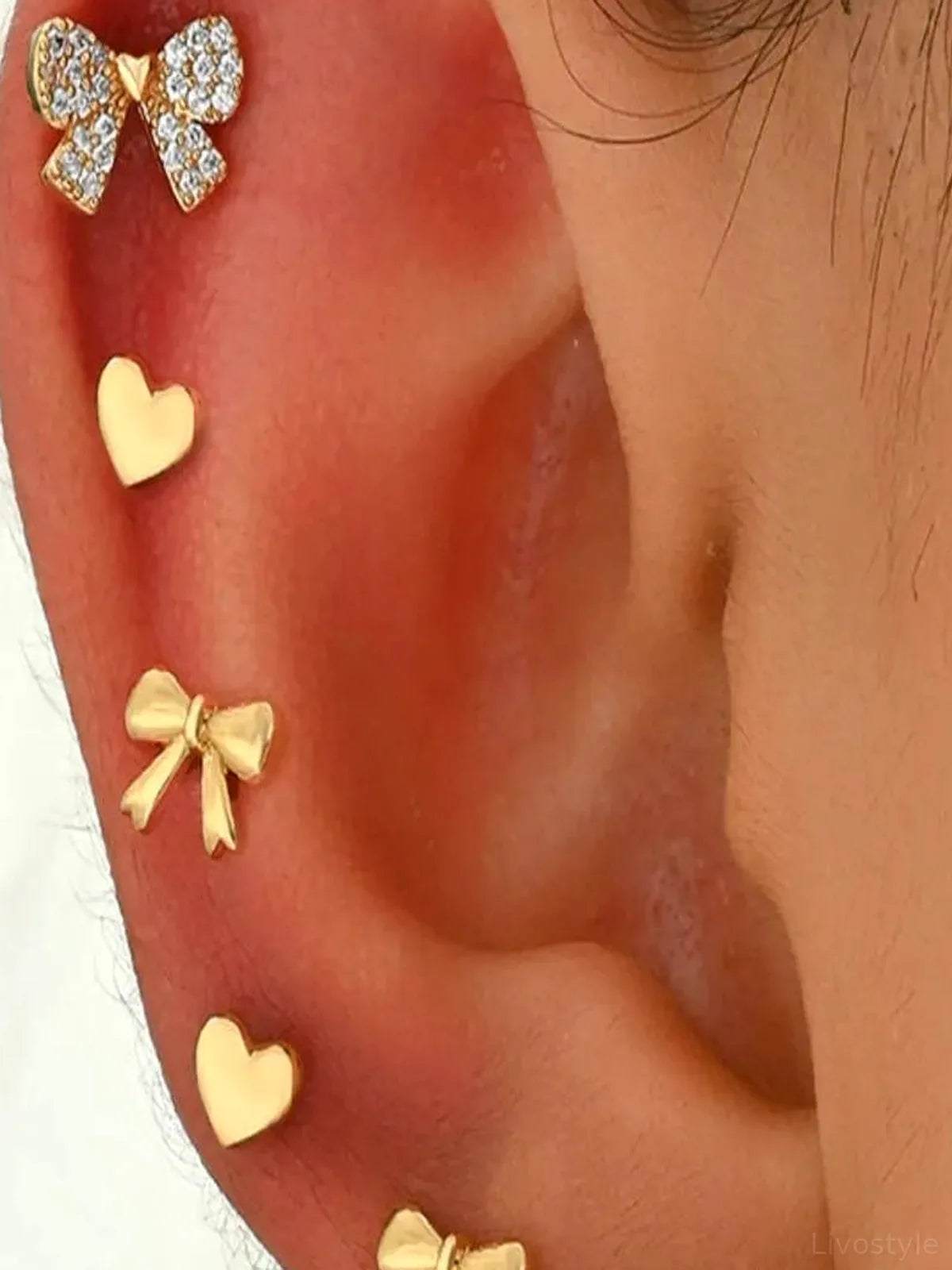 6 Piece Bow Heart Stud Earrings Set — detail view — Livostyle