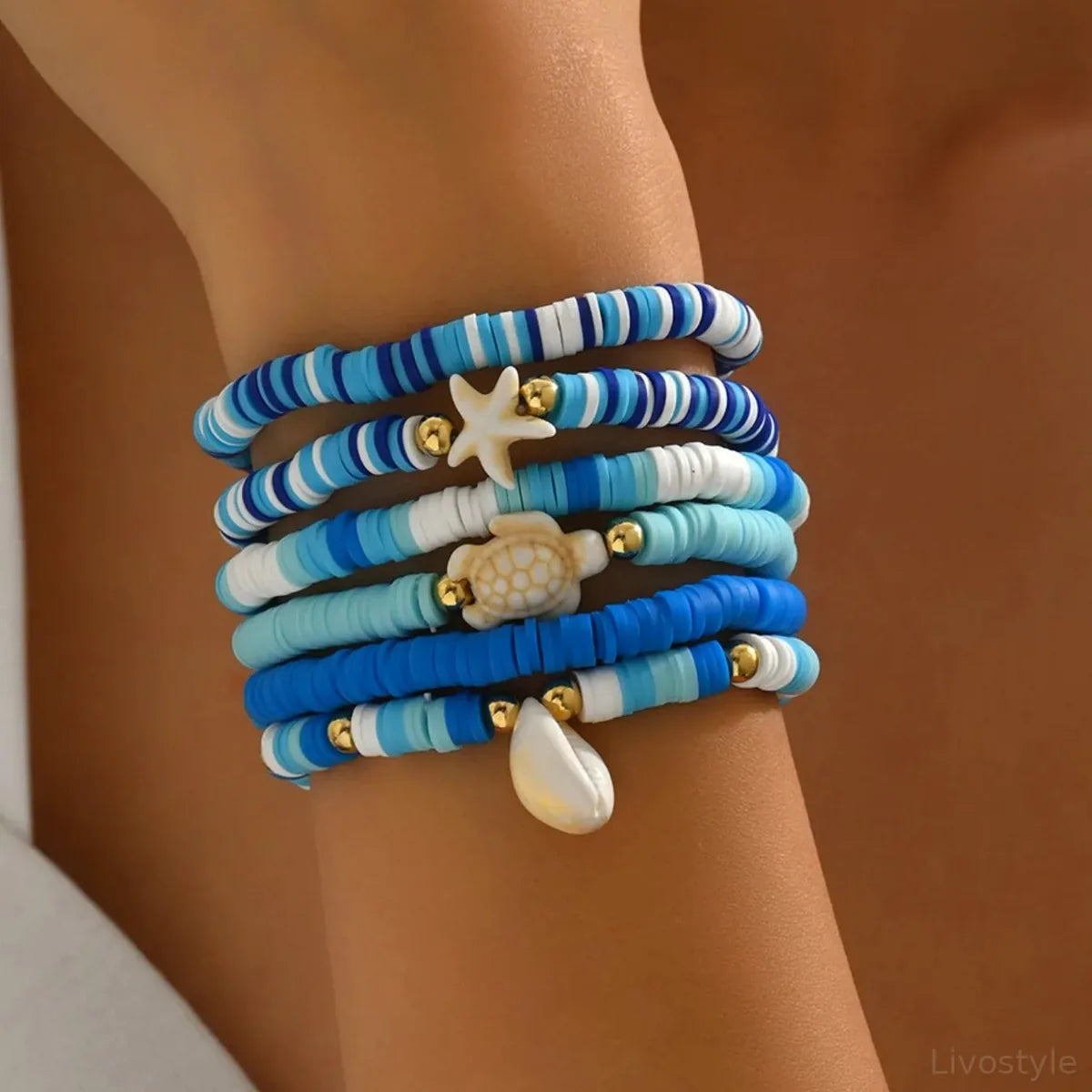 6-Piece Ceramic Beaded Shell Bracelet — square view — Livostyle