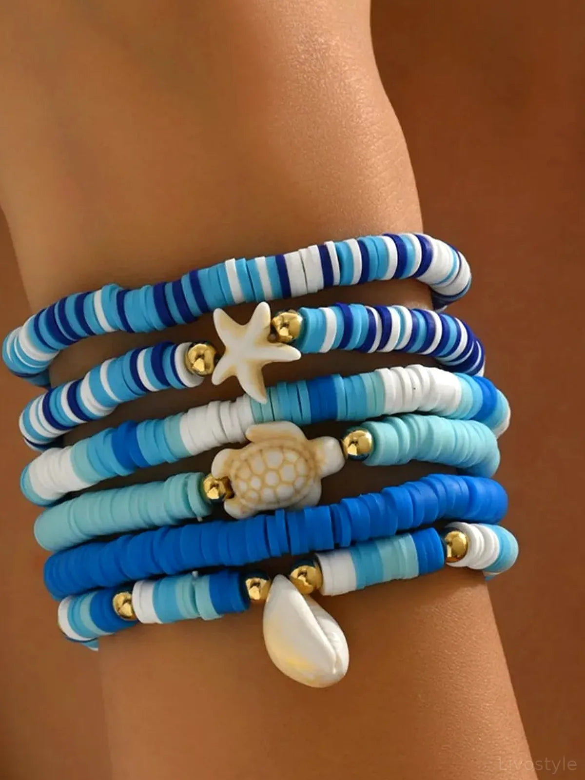 6-Piece Ceramic Beaded Shell Bracelet — detail view — Livostyle