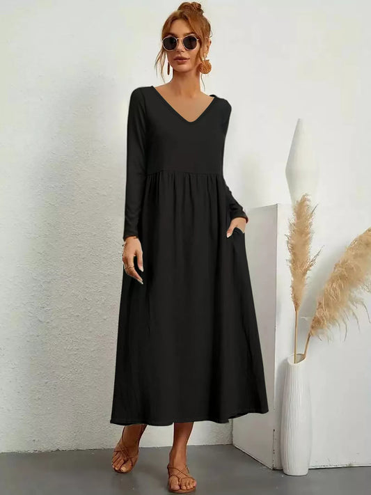V-Neck Long Sleeve Midi Dress with Pockets in Black