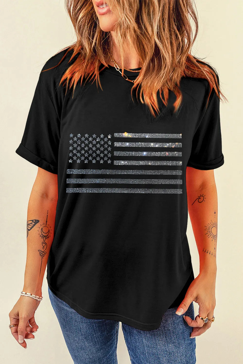 Rhinestone US Flag Round Neck Short Sleeve T-Shirt — Livostyle