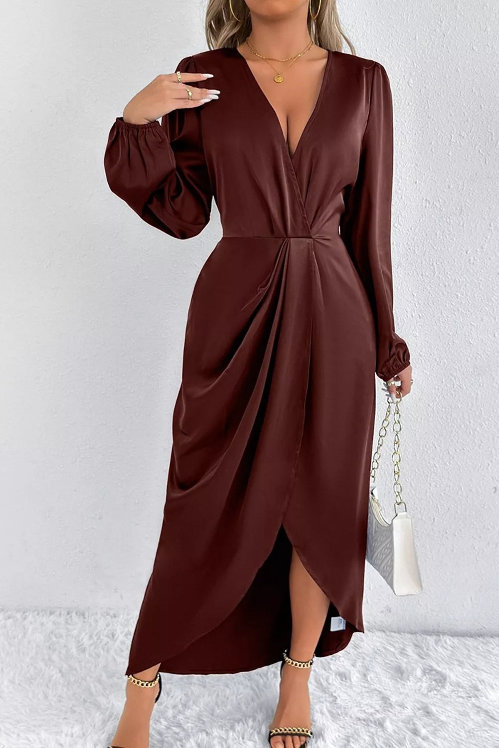 Satin Balloon Sleeve Midi Dress with Slit – photo 16