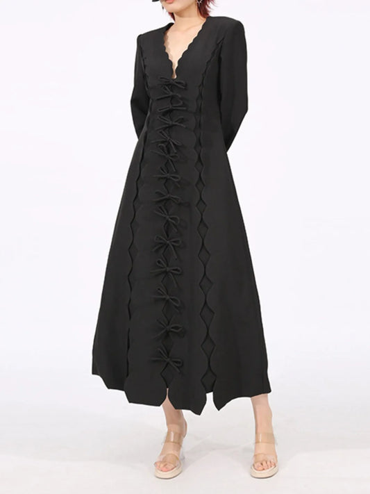 Long Sleeve Bow Front Midi Dress in Black