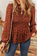Elegant Floral Long Sleeve Blouse with Smocked Ruffled Hem — Livostyle