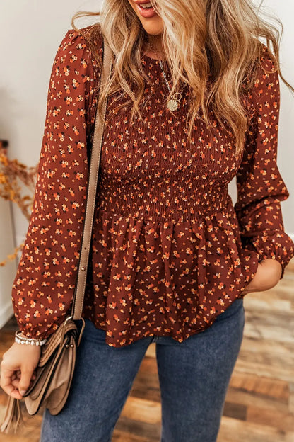 Elegant Floral Long Sleeve Blouse with Smocked Ruffled Hem — Livostyle