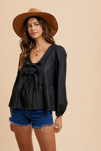 Tie Front Peplum Long Sleeve Denim Top — Livostyle