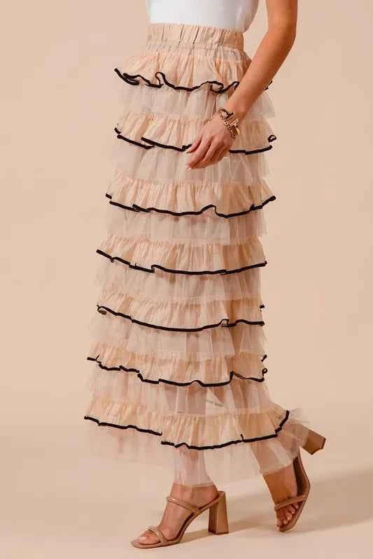 SO ME Layered Ruffled Tulle Maxi Skirt