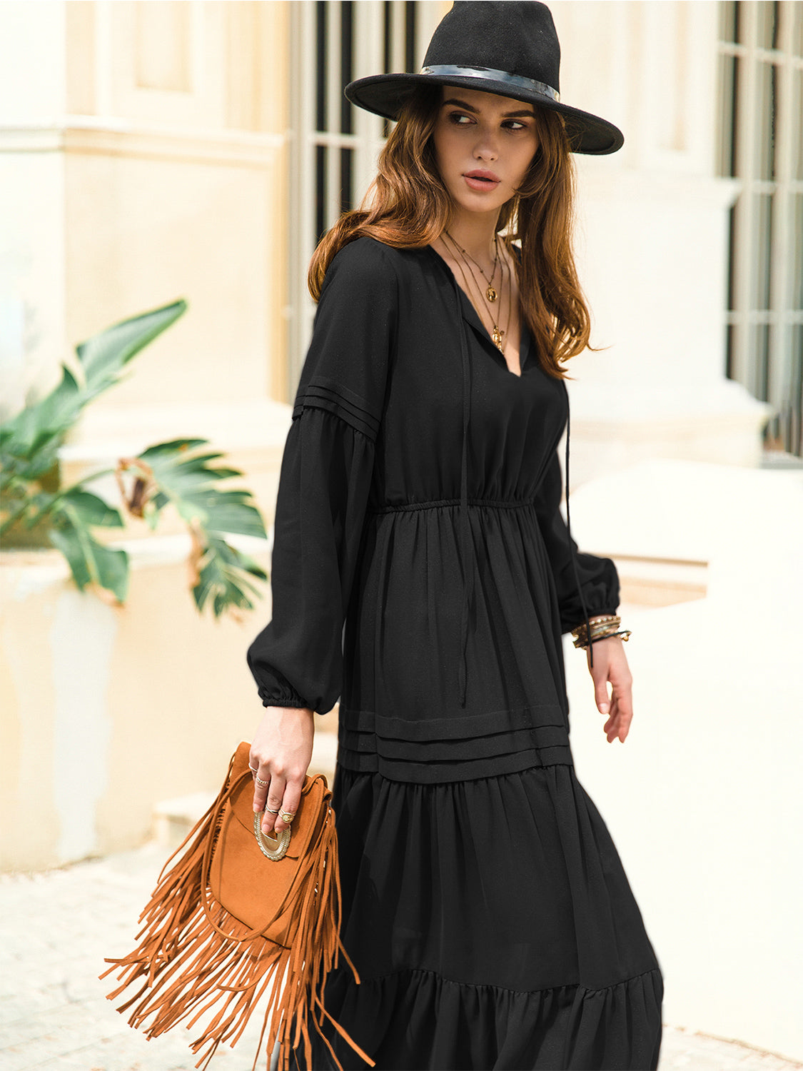 Tie Neck Long Sleeve Tiered Midi Dress