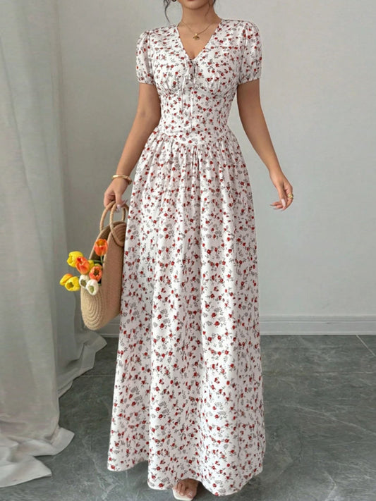 Floral Print Drawstring Smocked V-Neck Maxi Dress in Pink