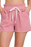 Double Gauze Drawstring Waist Shorts with Raw Hem in Lt Rose