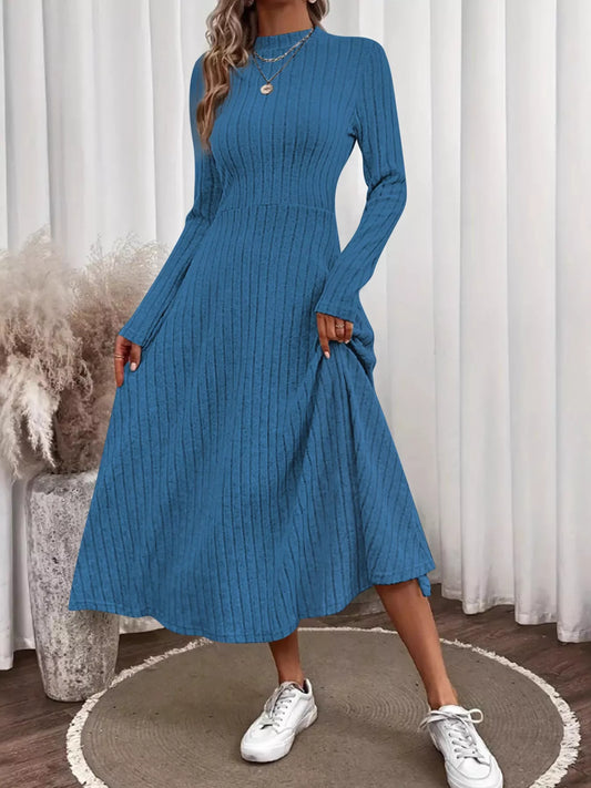 Basic Style Ribbed Knit Long Sleeve Midi Dress