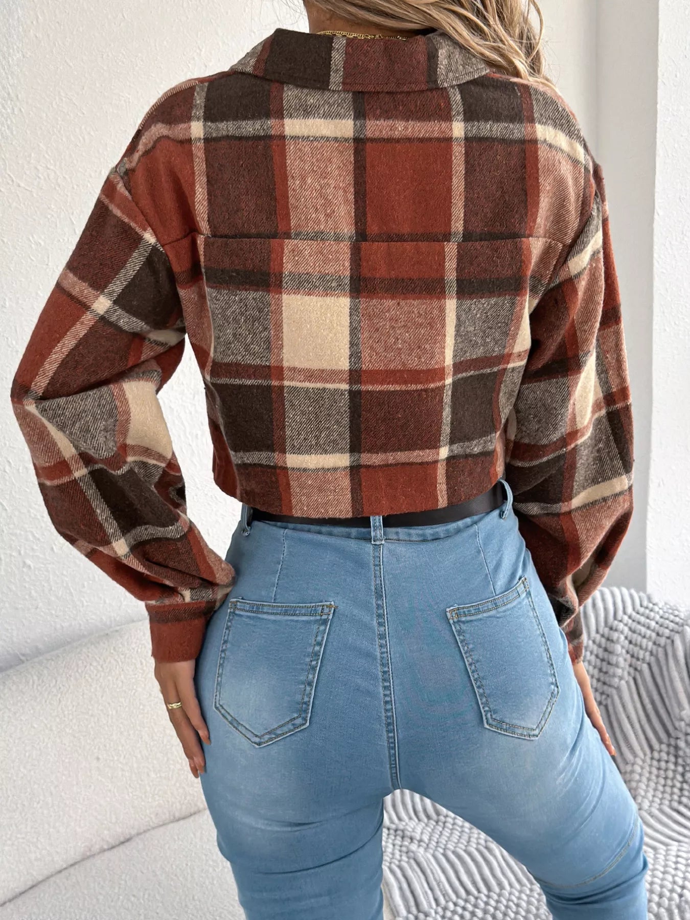 Plaid Button Up Cropped Jacket back view — Livostyle