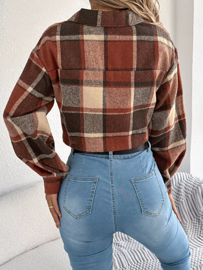 Plaid Button Up Cropped Jacket back view — Livostyle
