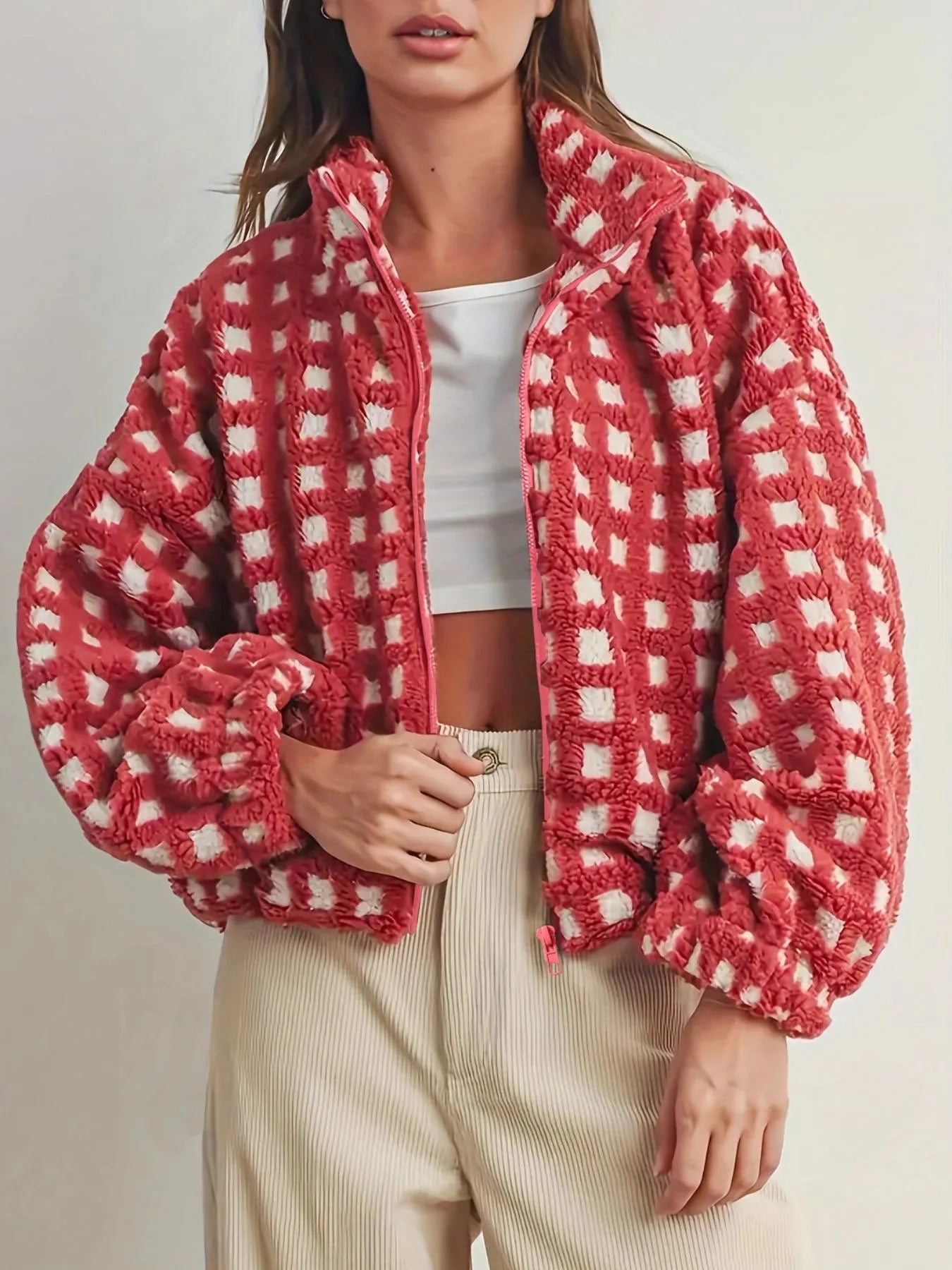 Fleece Checkered Puff Sleeve Bomber Jacket detail — Livostyle