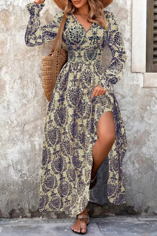 Printed V-Neck Long Sleeve Maxi Dress in Navy