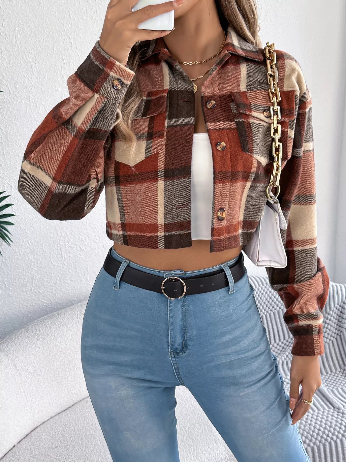 Plaid Button Up Cropped Jacket styling — Livostyle