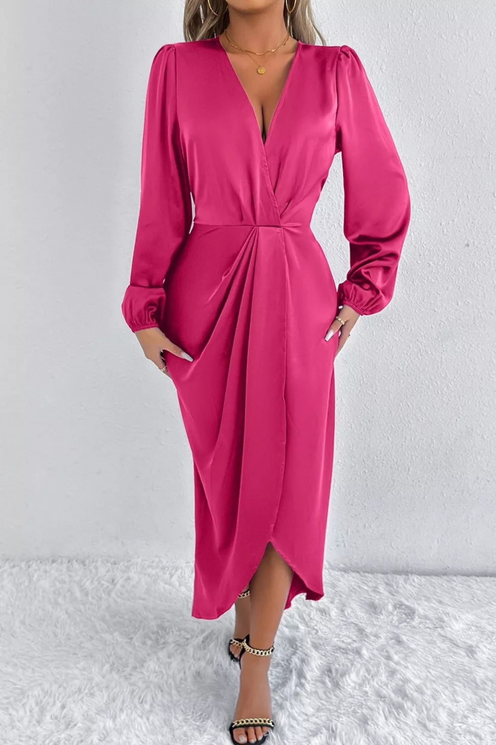 Satin Balloon Sleeve Midi Dress with Slit – photo 12