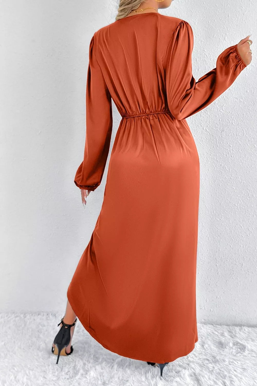 Satin Balloon Sleeve Midi Dress with Slit – photo 15