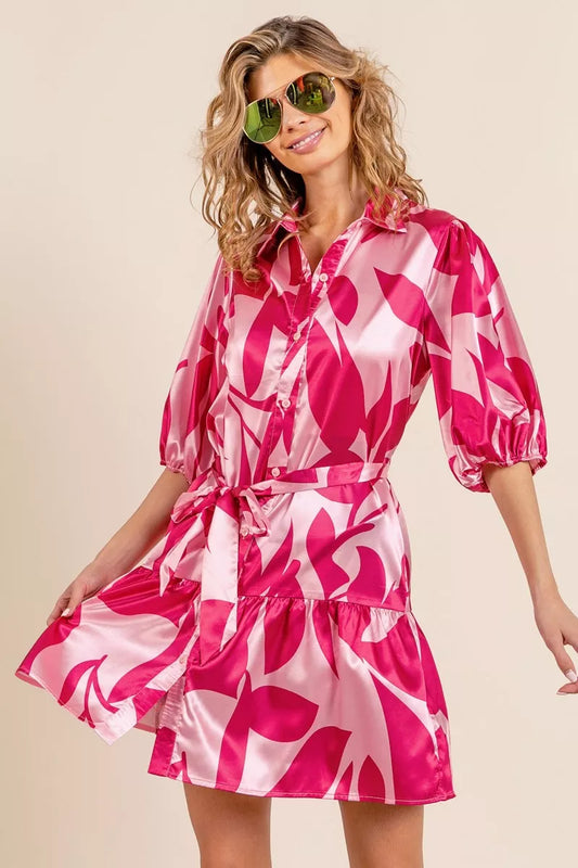 Leaf Pattern Collared Belted Satin Dress
