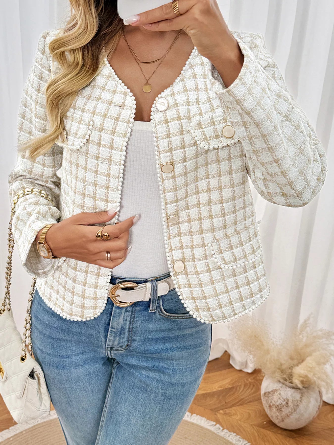 Plaid Button-Front Long Sleeve Outerwear styling — Livostyle