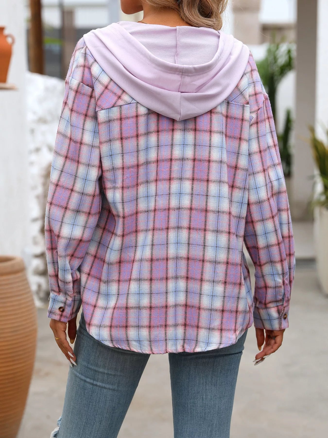 Plaid Button-Up Hooded Shirt with Chest Pocket back view — Livostyle