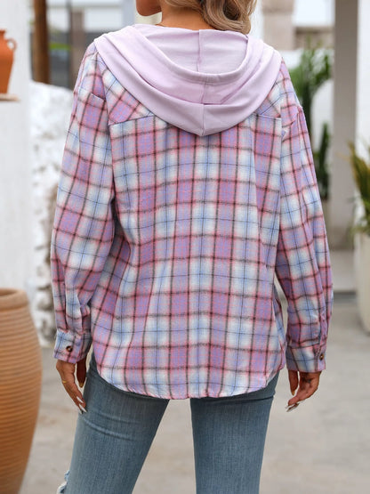 Plaid Button-Up Hooded Shirt with Chest Pocket back view — Livostyle