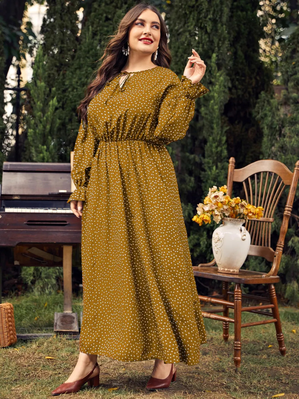 Ruffled Polka Dot Long Sleeve Midi Dress – Plus Size – photo 11