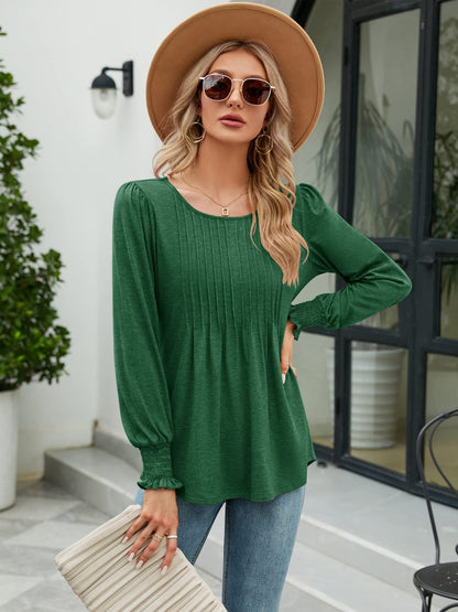 Smocked Round Neck Lantern Sleeve Blouse — Livostyle