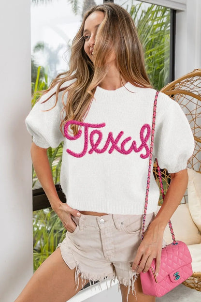 Chic Puff Sleeve Sweater with Metallic Lettering Detail — Livostyle
