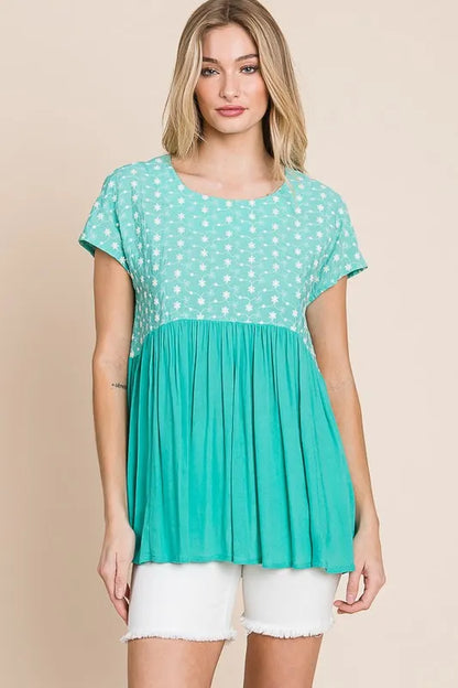 Embroidered Short Sleeve Pleated Babydoll Top — Livostyle
