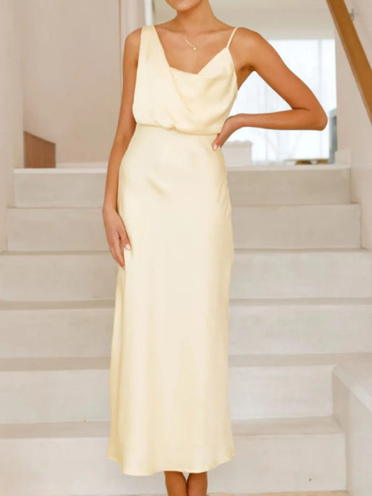 Satin Asymmetrical Midi Dress in Light Yellow