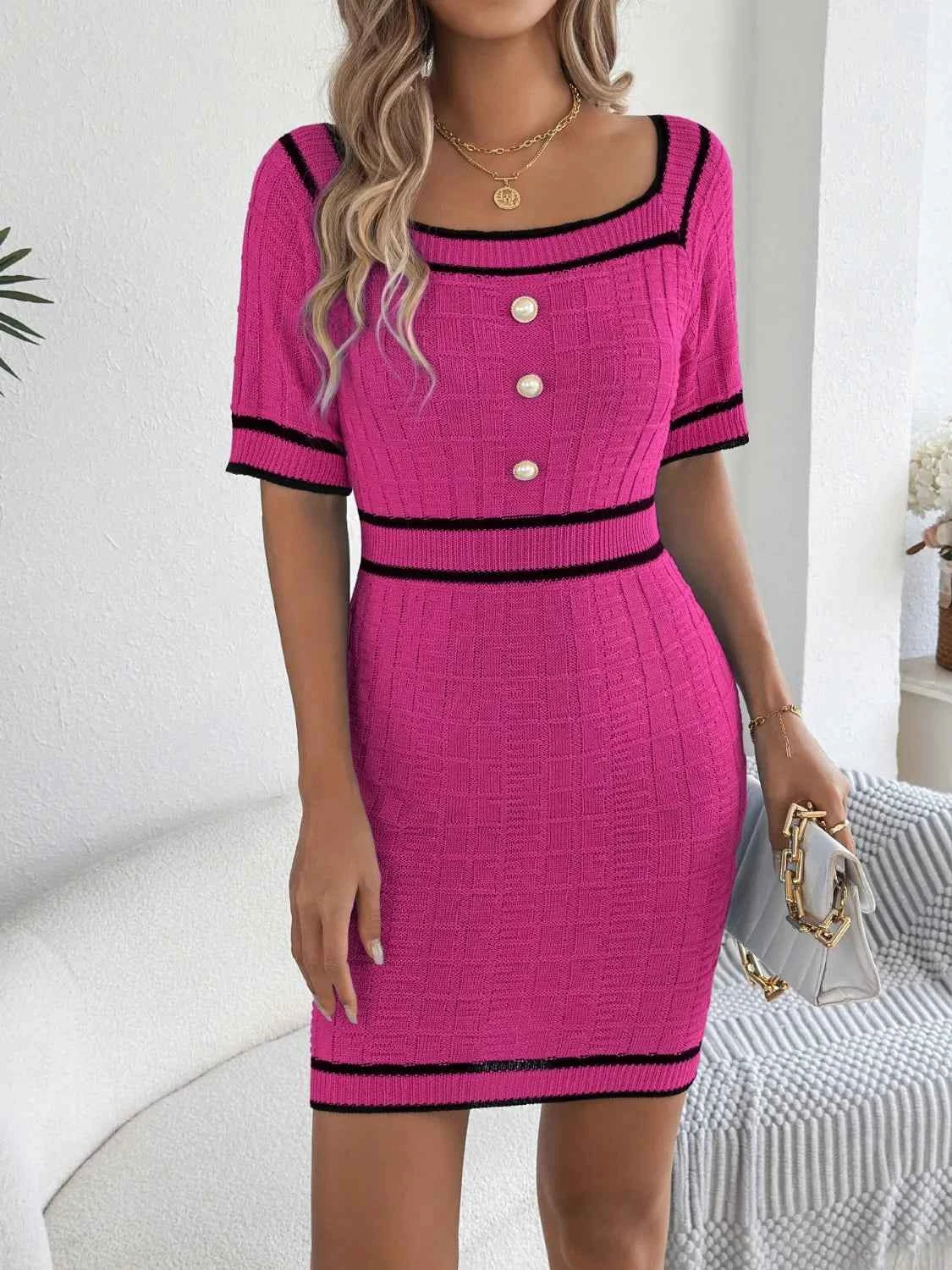 Decorative Button Short Sleeve Sweater Dress