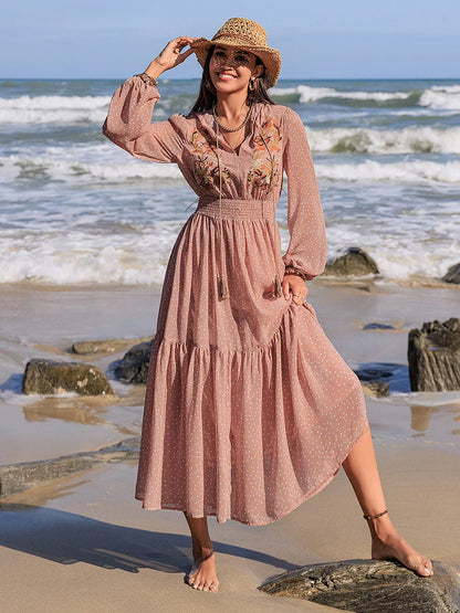 Embroidered Polka Dot Tie Neck Long Sleeve Midi Dress in Pale Blush