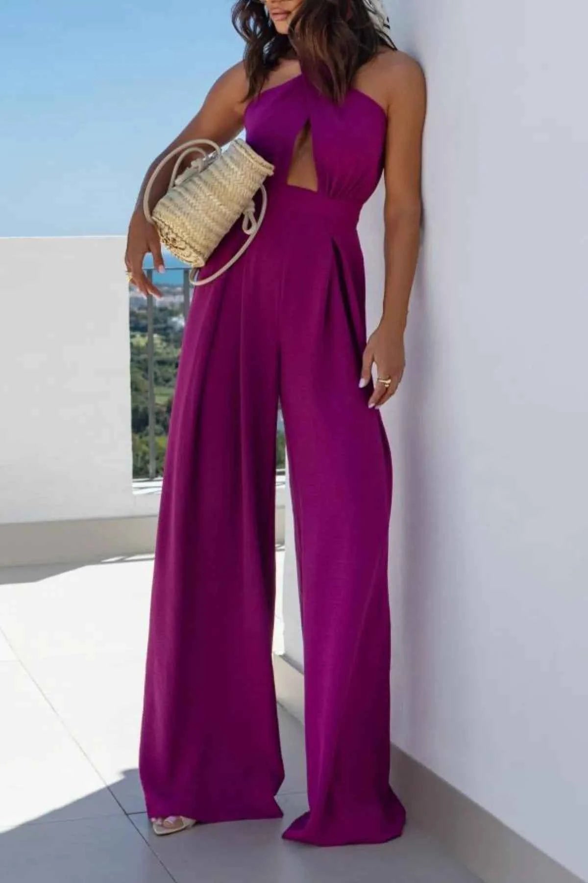 Halter Neck Wide Leg Jumpsuit with Keyhole Detail