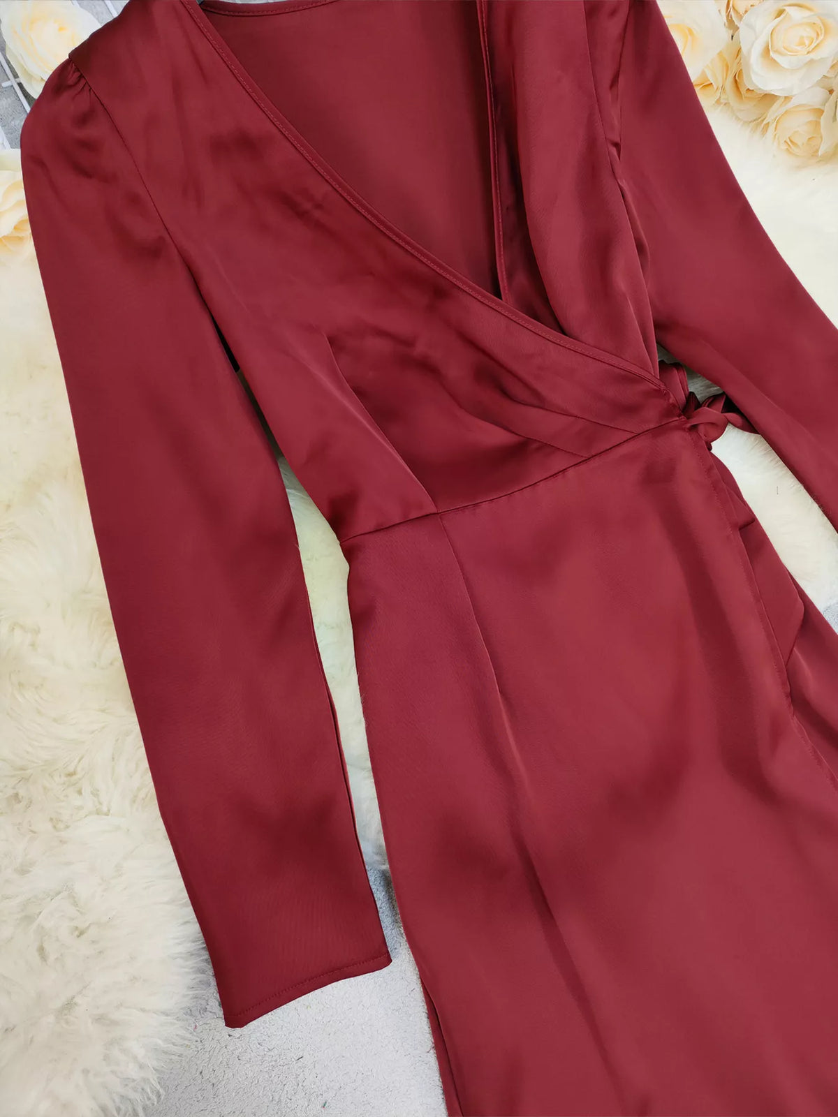 Surplice Satin Long Sleeve Dress with Belt – photo 7