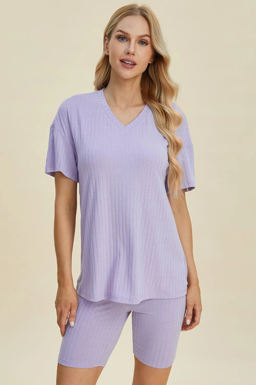 Ribbed V-Neck Short Sleeve Top and Shorts Set — Livostyle