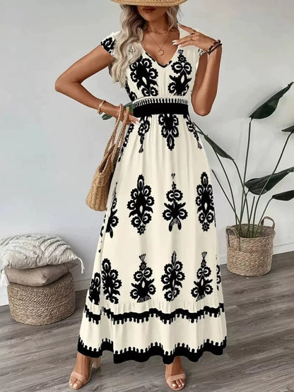 Ruffled Printed V-Neck Maxi Dress in White