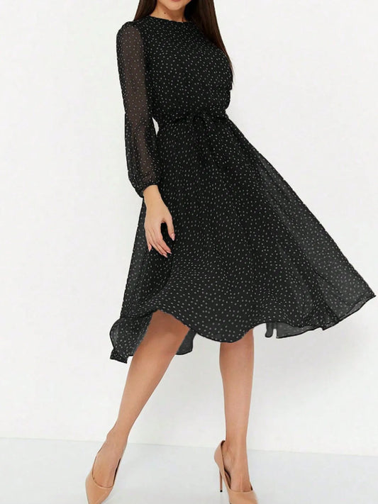 Polka Dot Long Sleeve Midi Dress with Tie and Buttons